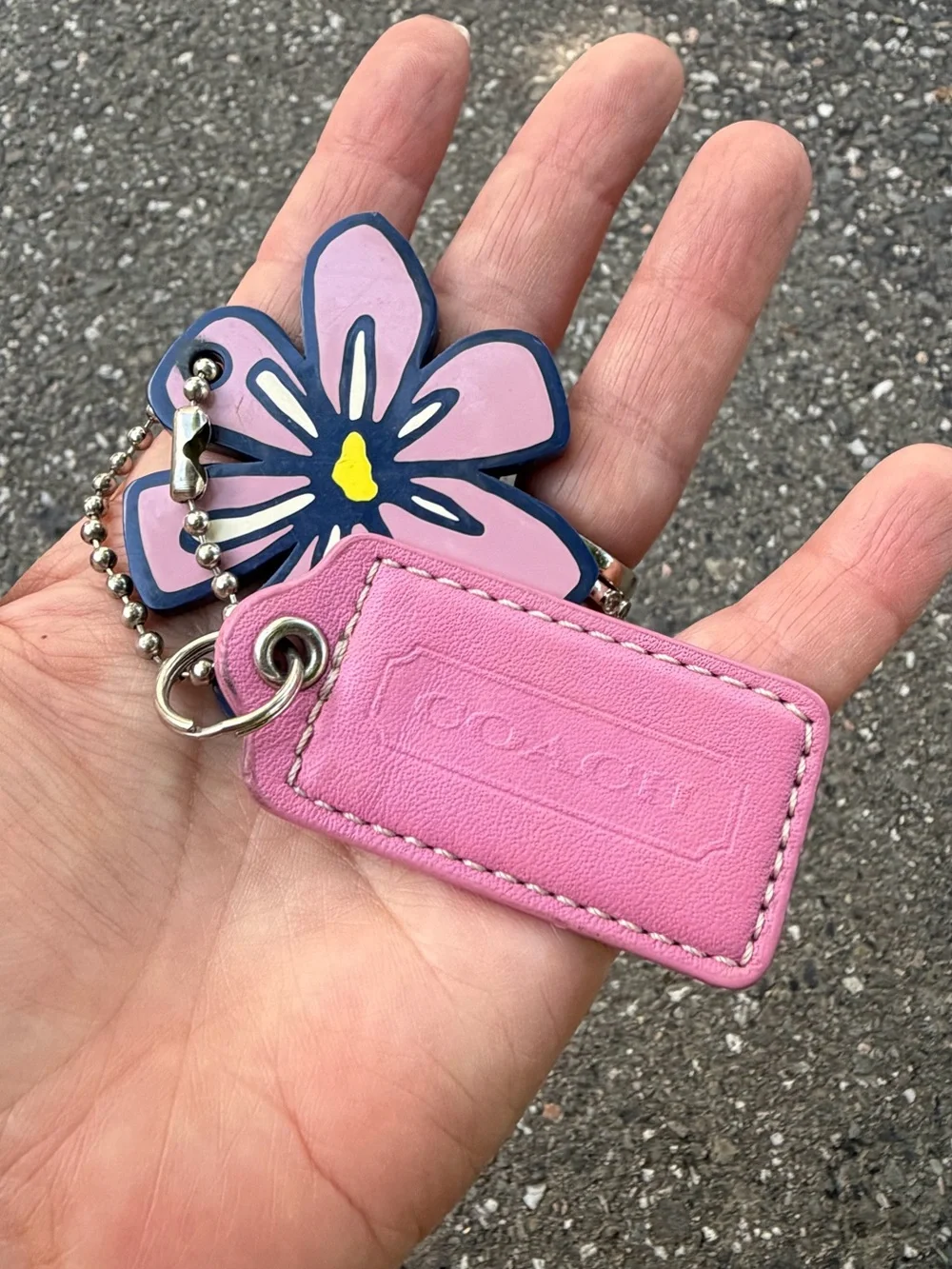 Vintage Coach Pink Leather Tag Keychain   Navy Floral Poppy Charm